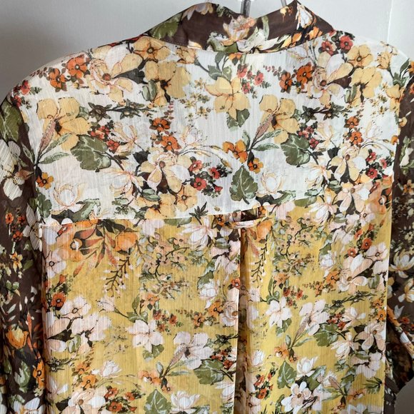 Anthro Fig & Flower Fall Floral Tab Sleeve Button Down Tunic Blouse S Semi Sheer - Picture 6 of 13